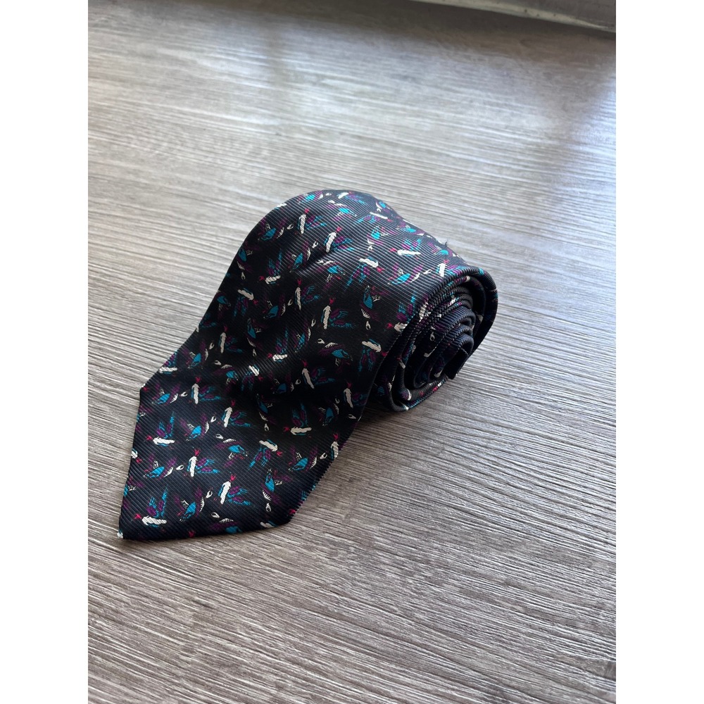 Vintage Burberrys London Silk Tie Navy Blue Mallard Duck Print Made in England - Picture 1 of 6